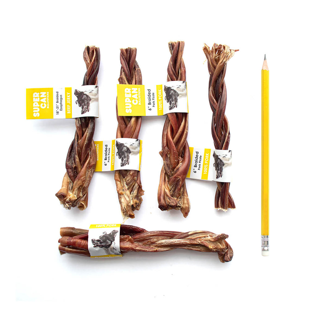 braided pork pizzle chews 50 pack bulk long lasting digestible dog treat