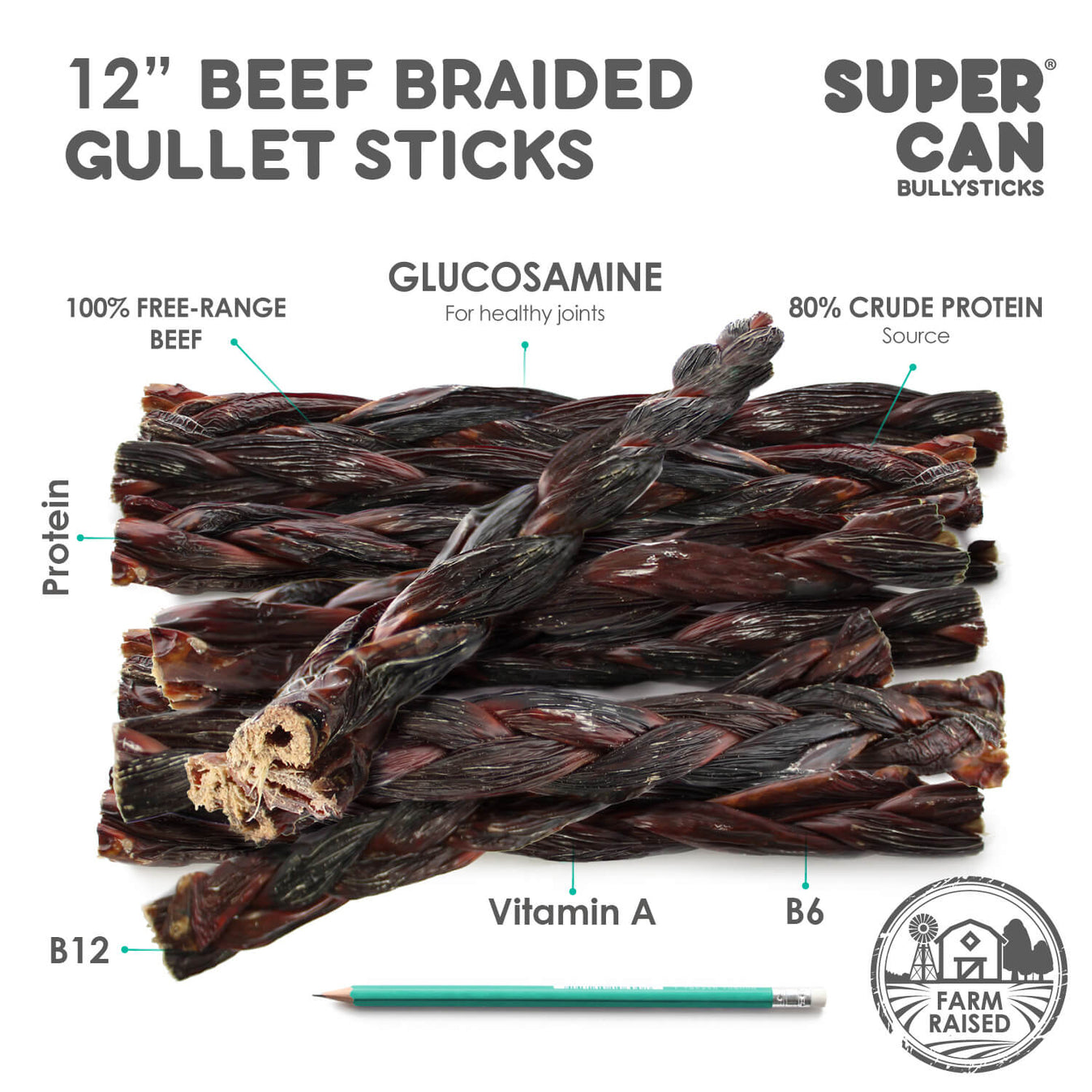 12" Beef Braided Gullet Sticks (4Pack) Supercan Bully Sticks